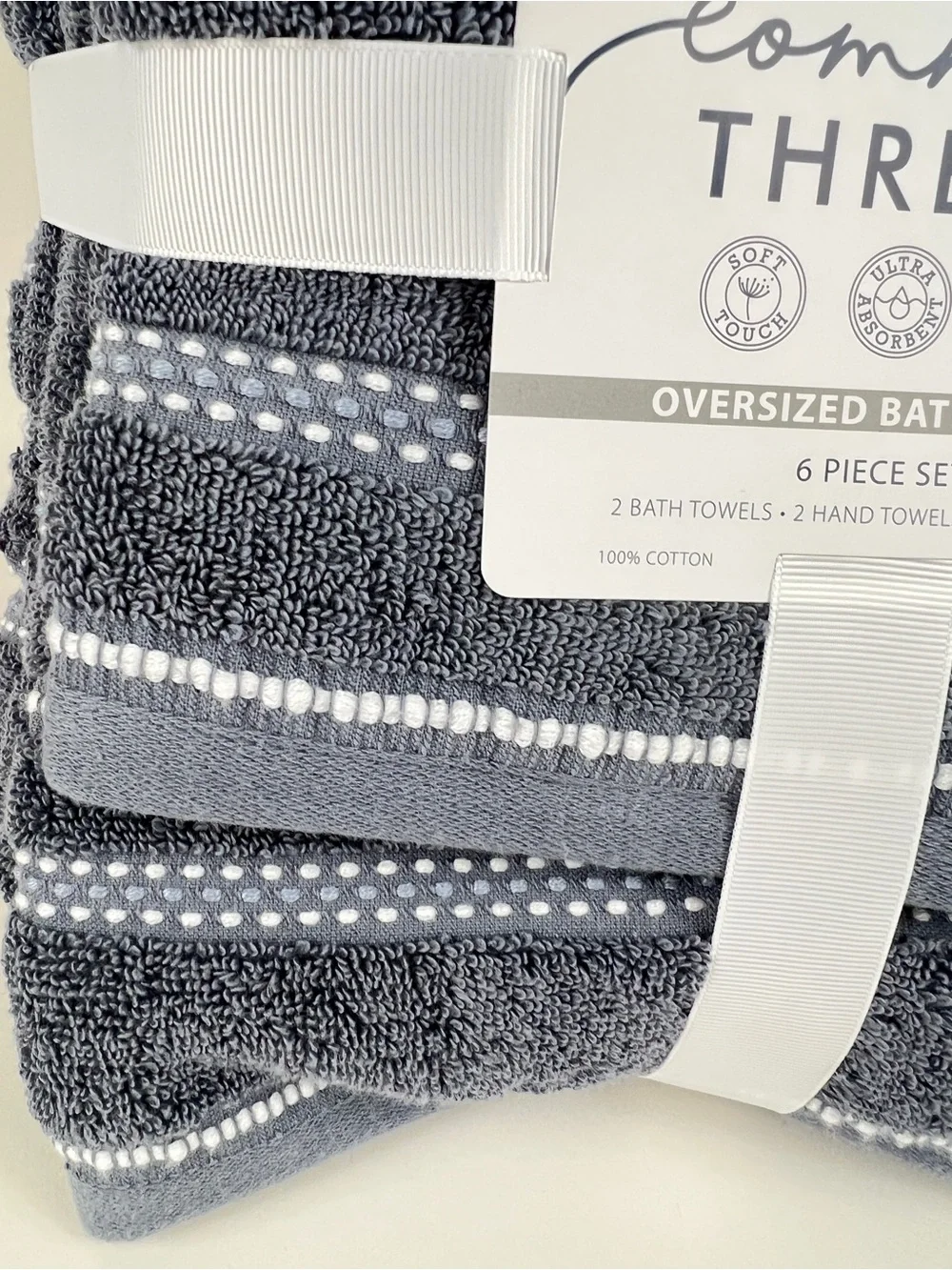Common Thread Bath Towel Set Blue White Quick Dry Low Twist Cotton 6 Pc NEW